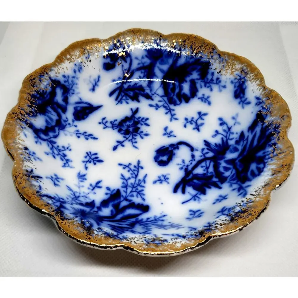 Antique Warwick Flow Blue Pansy Pattern 4 Dessert Bowls Gold Gilt Scalloped Edge